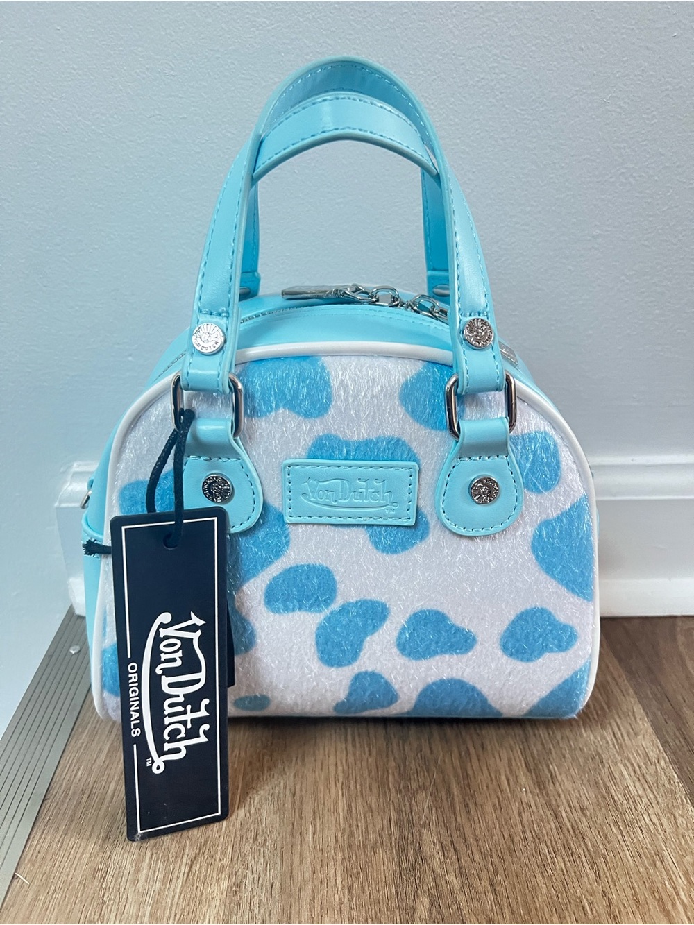 Von Dutch Mini Tote in Light Blue, White and Yellow Logo - Picture 2 of 6